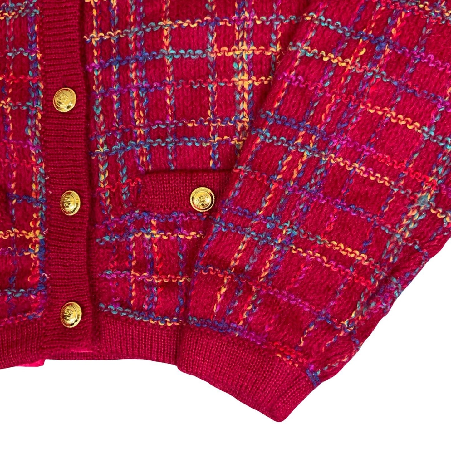 Vtg 90s 'Blanc Nouveau' Pink Tartan Tweed-Style Gold Button Preppy Cardigan M