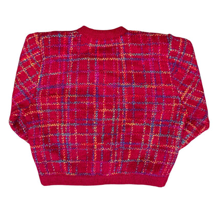 Vtg 90s 'Blanc Nouveau' Pink Tartan Tweed-Style Gold Button Preppy Cardigan M