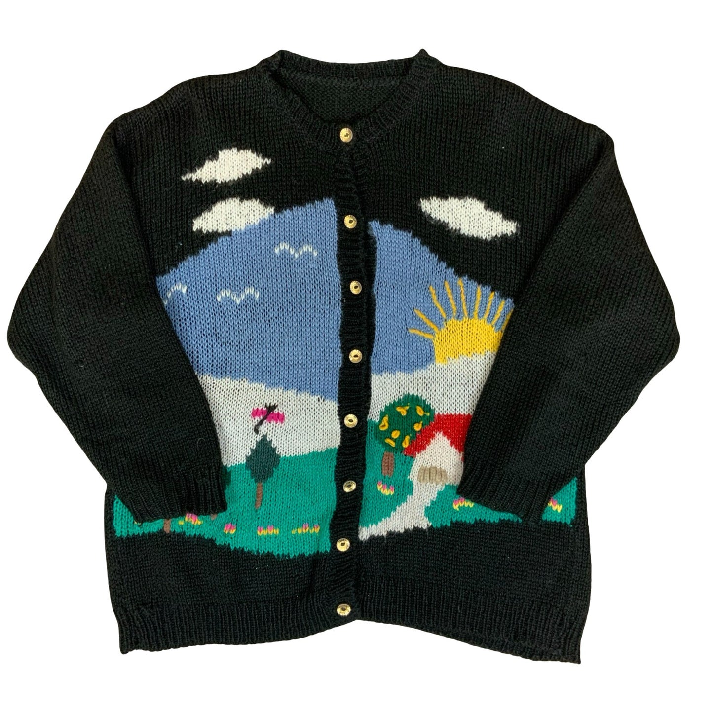 Vtg 80s Black Blue Green Scenic Novelty Design Folk Landscape Knit Cardigan M L