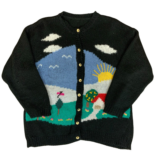 Vtg 80s Black Blue Green Scenic Novelty Design Folk Landscape Knit Cardigan M L