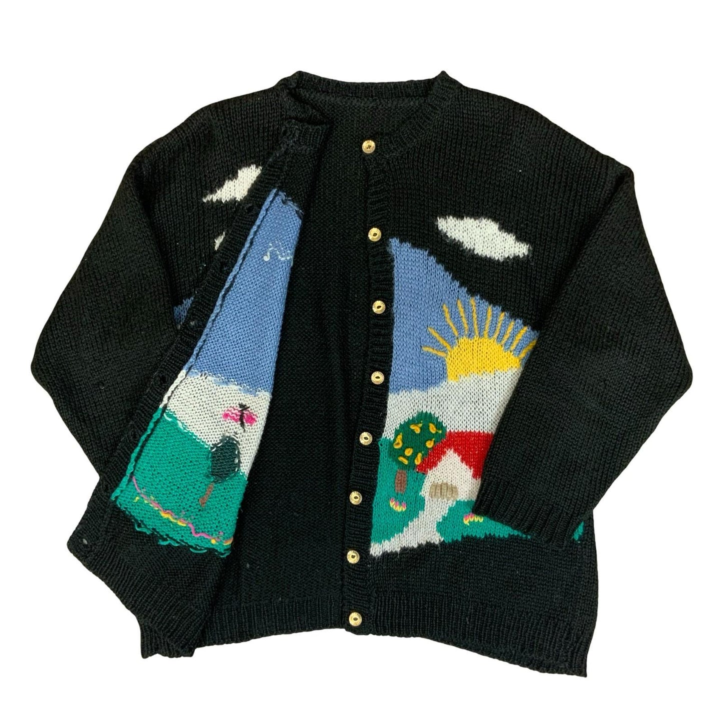 Vtg 80s Black Blue Green Scenic Novelty Design Folk Landscape Knit Cardigan M L