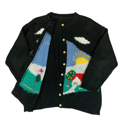 Vtg 80s Black Blue Green Scenic Novelty Design Folk Landscape Knit Cardigan M L