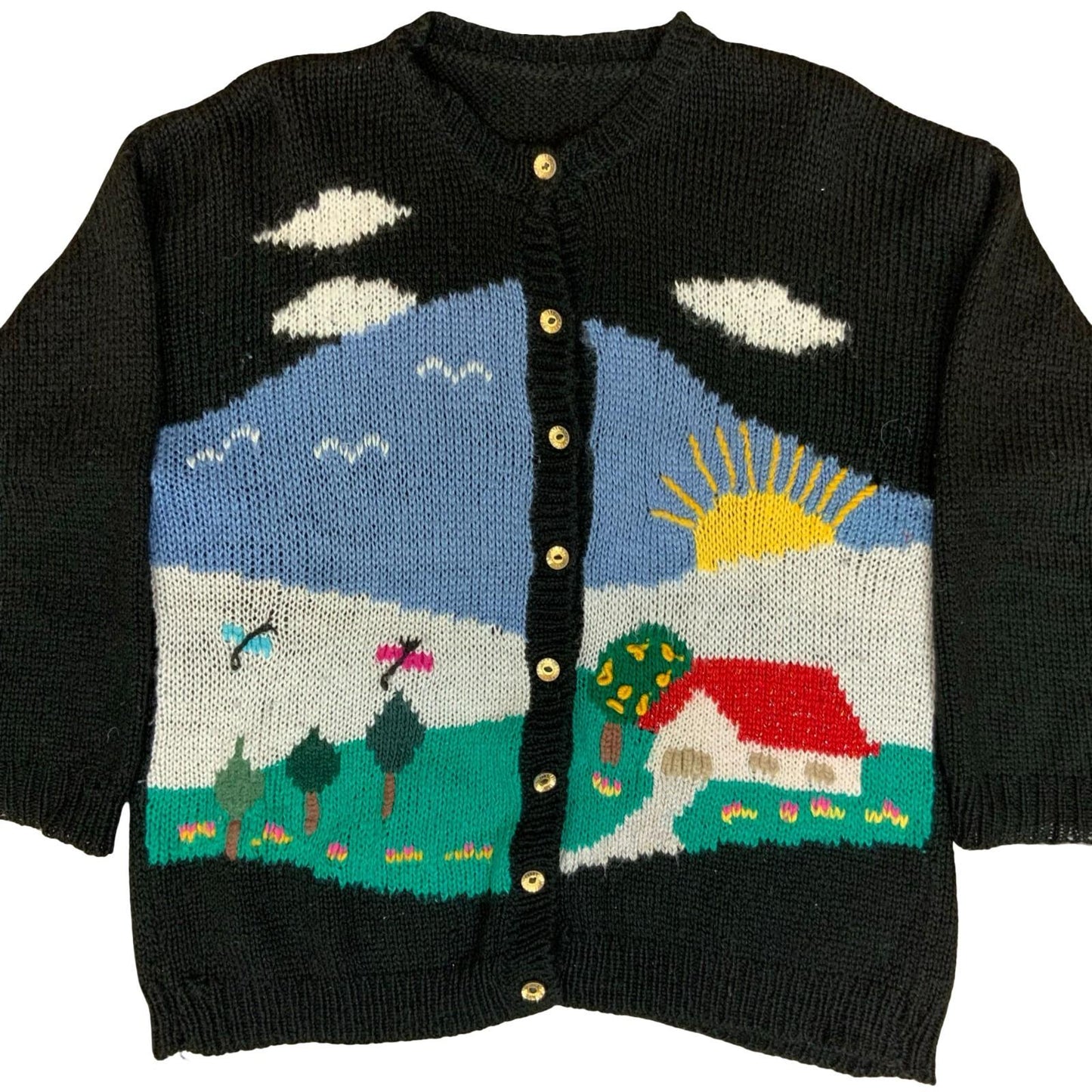 Vtg 80s Black Blue Green Scenic Novelty Design Folk Landscape Knit Cardigan M L