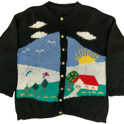 Vtg 80s Black Blue Green Scenic Novelty Design Folk Landscape Knit Cardigan M L