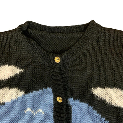 Vtg 80s Black Blue Green Scenic Novelty Design Folk Landscape Knit Cardigan M L