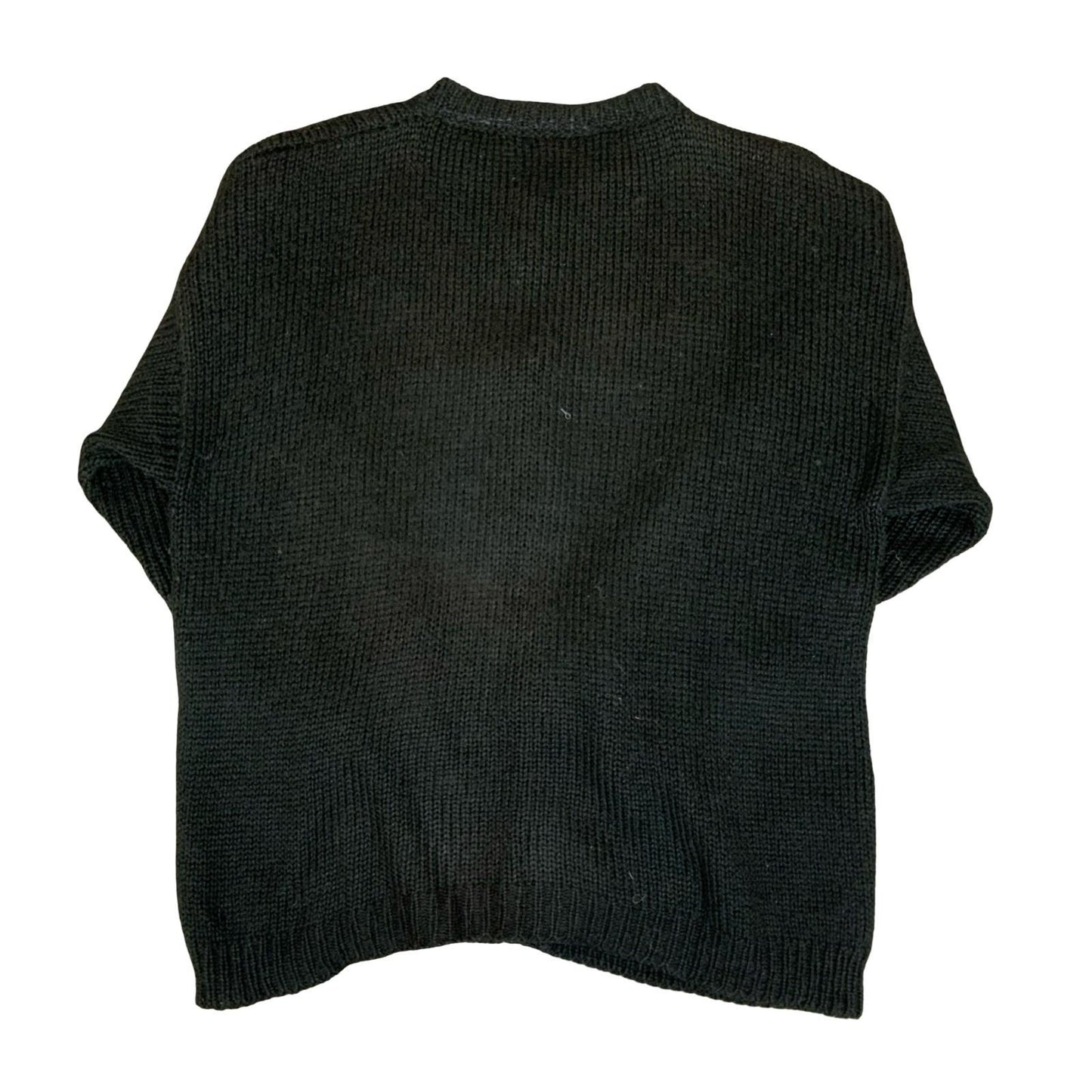 Vtg 80s Black Blue Green Scenic Novelty Design Folk Landscape Knit Cardigan M L