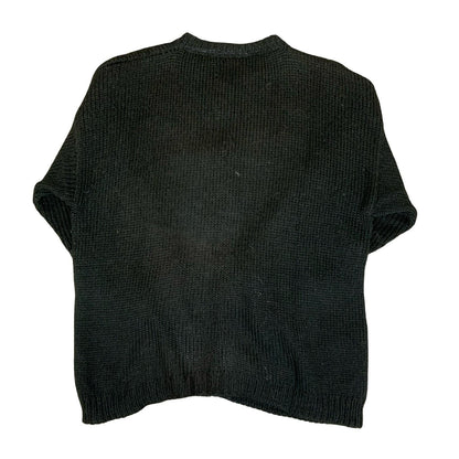 Vtg 80s Black Blue Green Scenic Novelty Design Folk Landscape Knit Cardigan M L