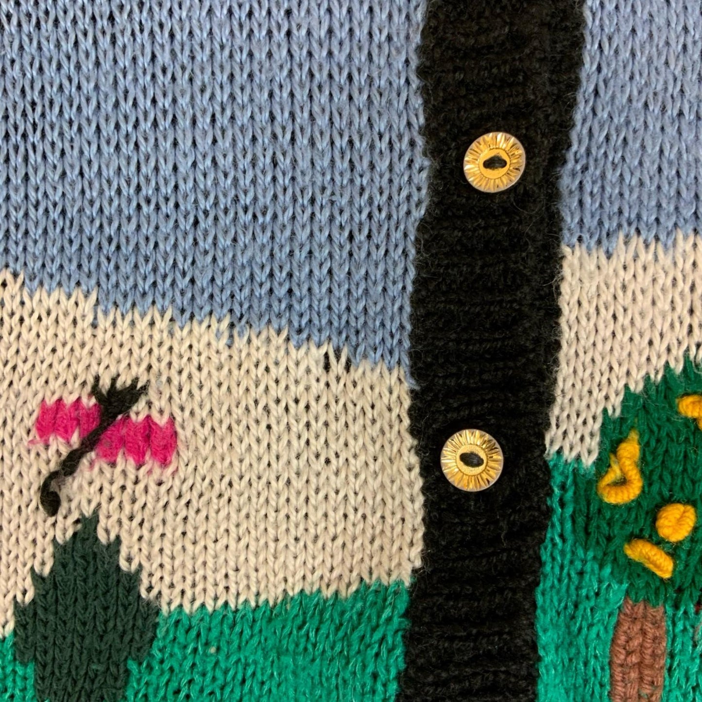 Vtg 80s Black Blue Green Scenic Novelty Design Folk Landscape Knit Cardigan M L