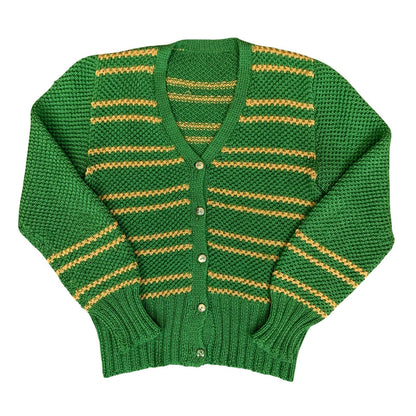 Vtg Green Yellow Striped Button-Up Casual Preppy V-Neck Knit Cardigan S UK 10/12