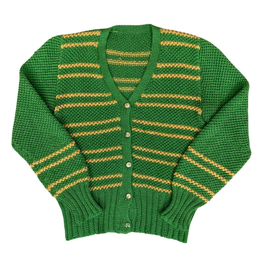 Vtg Green Yellow Striped Button-Up Casual Preppy V-Neck Knit Cardigan S UK 10/12