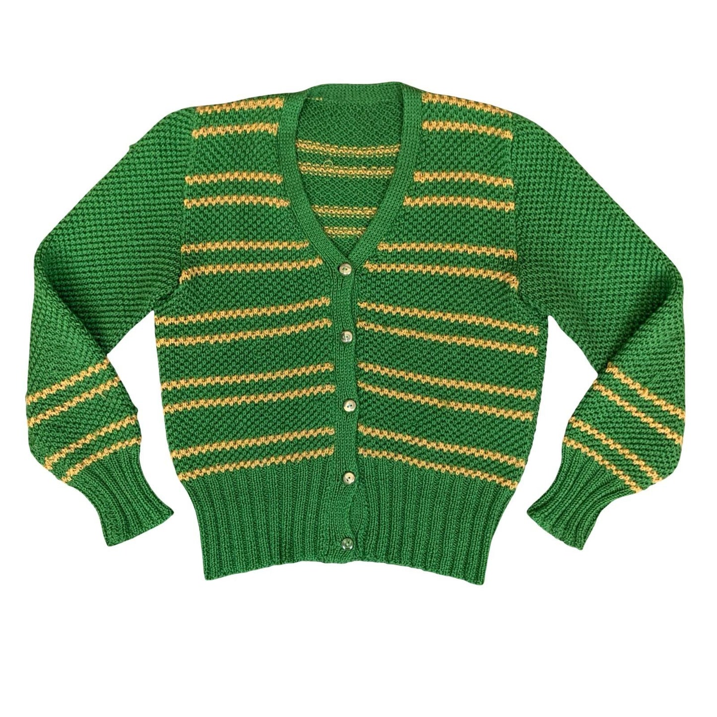 Vtg Green Yellow Striped Button-Up Casual Preppy V-Neck Knit Cardigan S UK 10/12