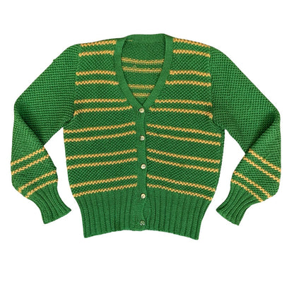 Vtg Green Yellow Striped Button-Up Casual Preppy V-Neck Knit Cardigan S UK 10/12