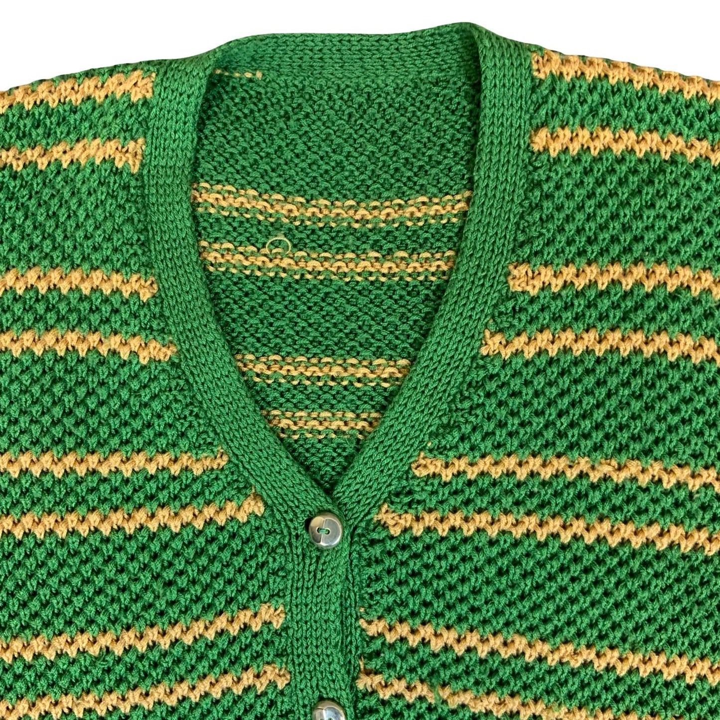 Vtg Green Yellow Striped Button-Up Casual Preppy V-Neck Knit Cardigan S UK 10/12