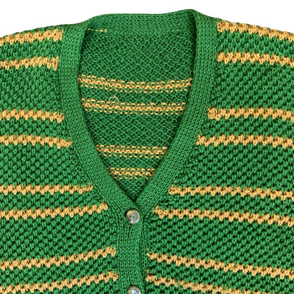 Vtg Green Yellow Striped Button-Up Casual Preppy V-Neck Knit Cardigan S UK 10/12