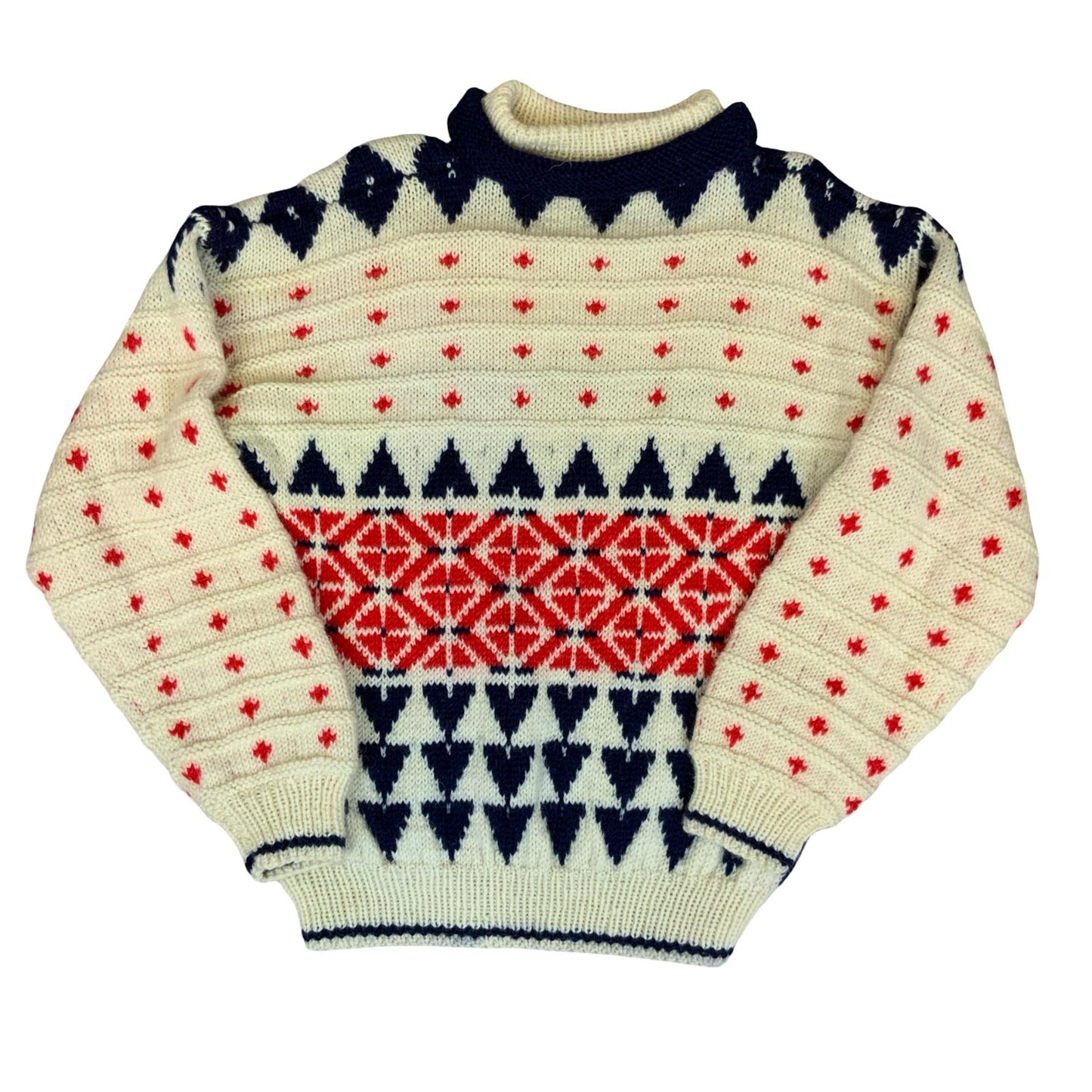 Vtg White Blue Red Fair Isle Geometric Pattern Textured Knit Pullover Sweater L