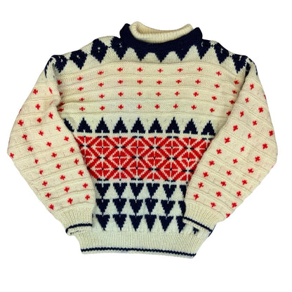 Vtg White Blue Red Fair Isle Geometric Pattern Textured Knit Pullover Sweater L