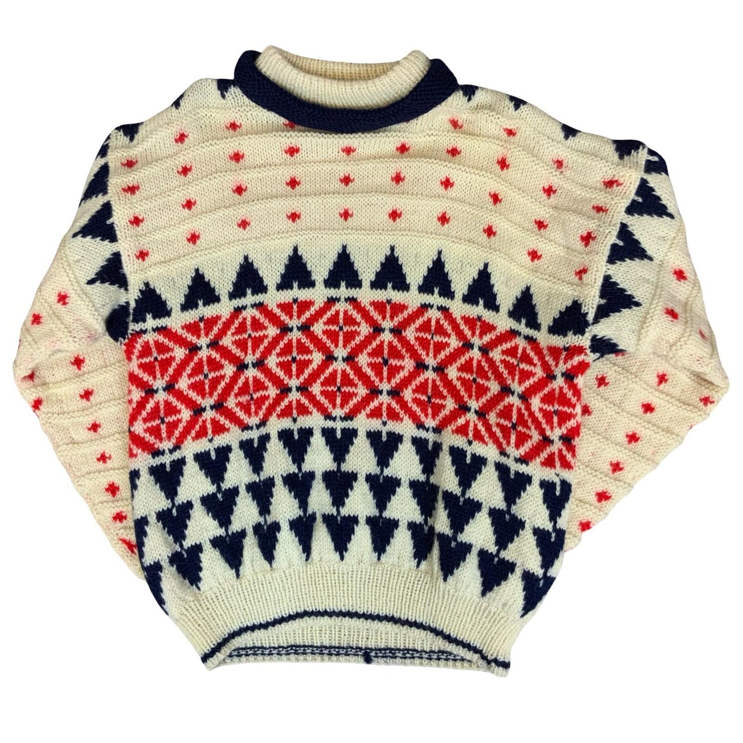Vtg White Blue Red Fair Isle Geometric Pattern Textured Knit Pullover Sweater L