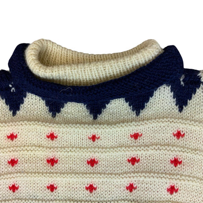 Vtg White Blue Red Fair Isle Geometric Pattern Textured Knit Pullover Sweater L