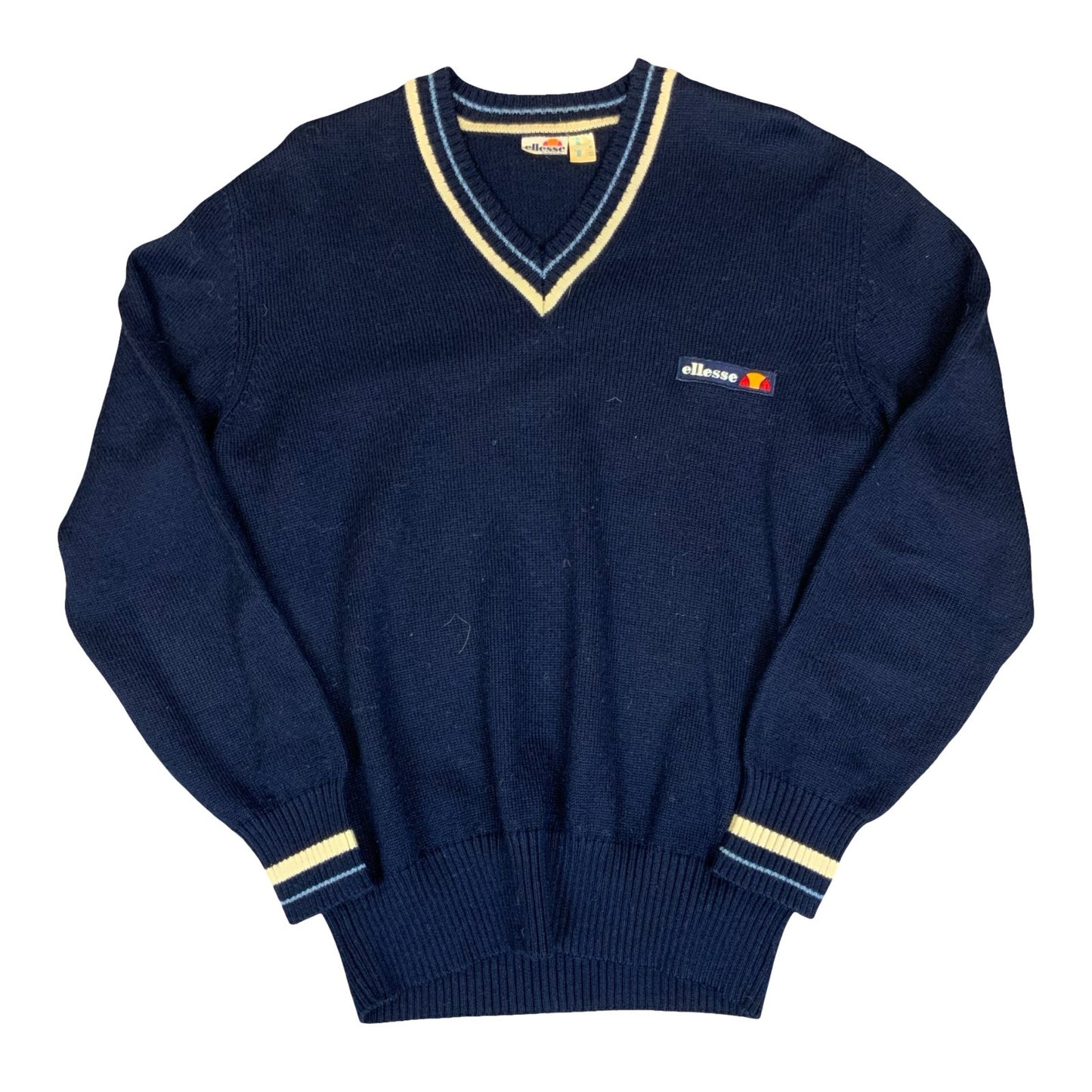 Vtg 1973 'Ellesse' Blue V-Neck Embroidered Logo Casual Knitted Sweat Jumper M/L