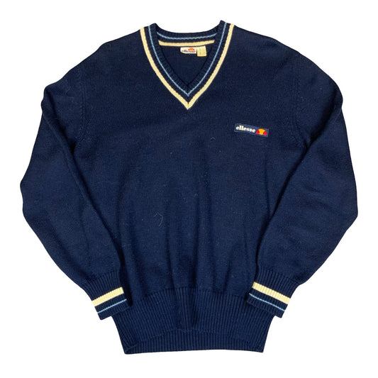 Vtg 1973 'Ellesse' Blue V-Neck Embroidered Logo Casual Knitted Sweat Jumper M/L
