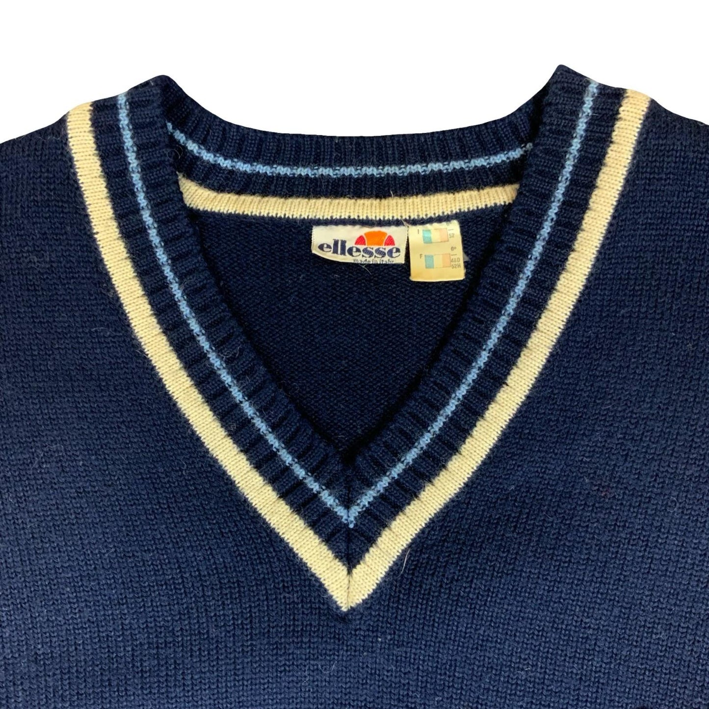 Vtg 1973 'Ellesse' Blue V-Neck Embroidered Logo Casual Knitted Sweat Jumper M/L