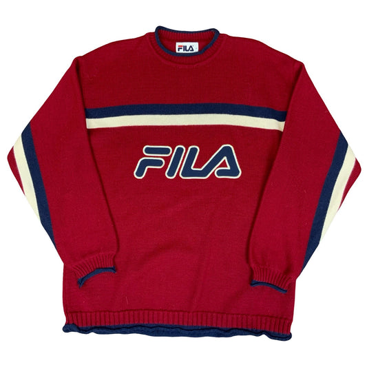 Vtg 90s 'Fila' Red Blue White Stripe Sport Casual Oversize Wool Sweat Jumper M/L