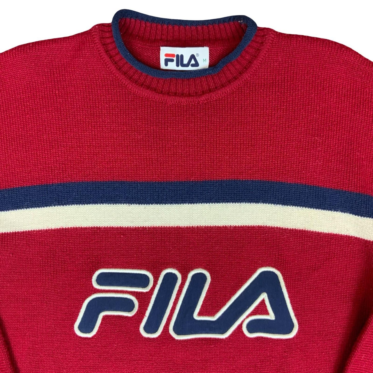 Vtg 90s 'Fila' Red Blue White Stripe Sport Casual Oversize Wool Sweat Jumper M/L