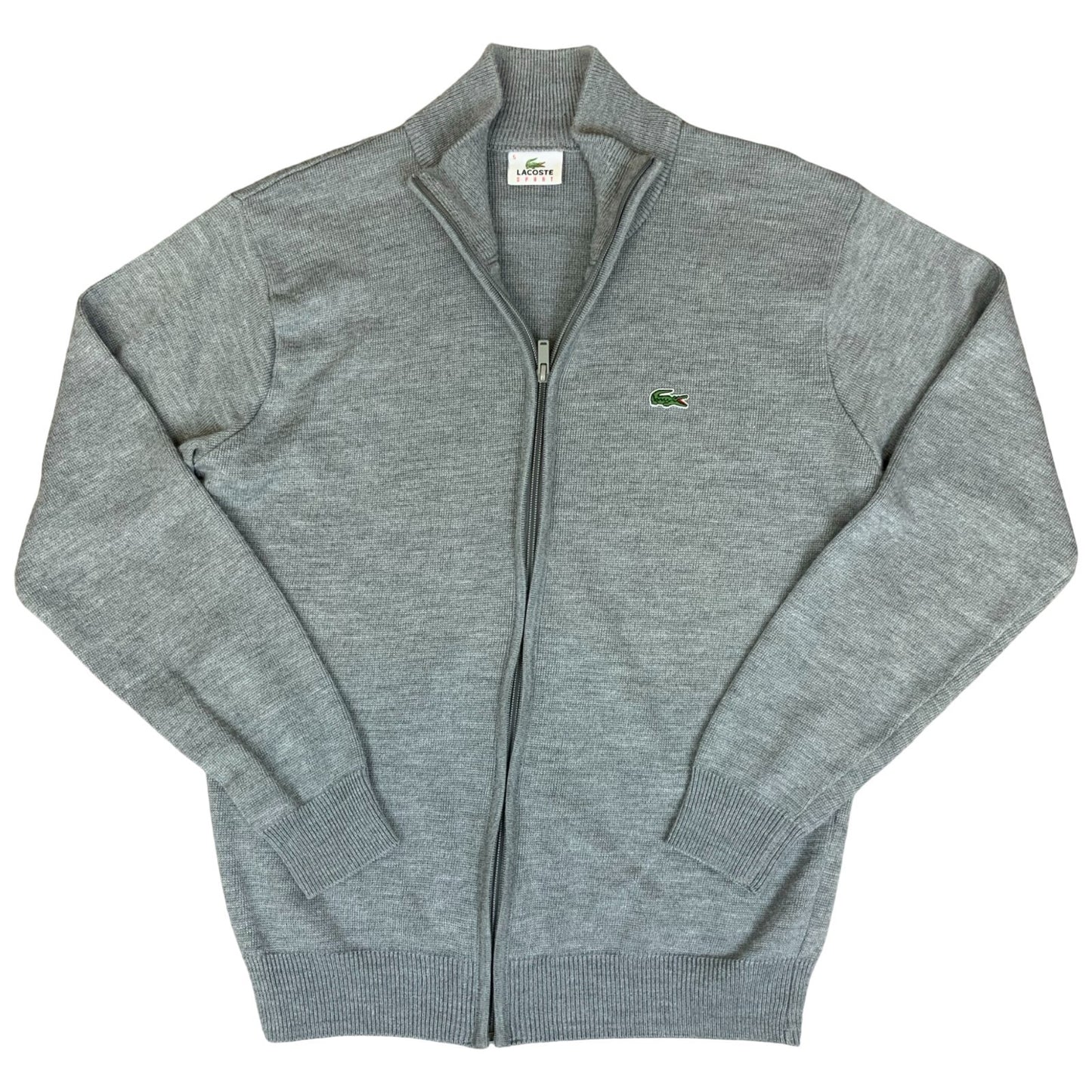Vtg 90s 'Lacoste Sport' Grey Logo Casual Woolmark Knit Zip-Up Cardigan Sweater M