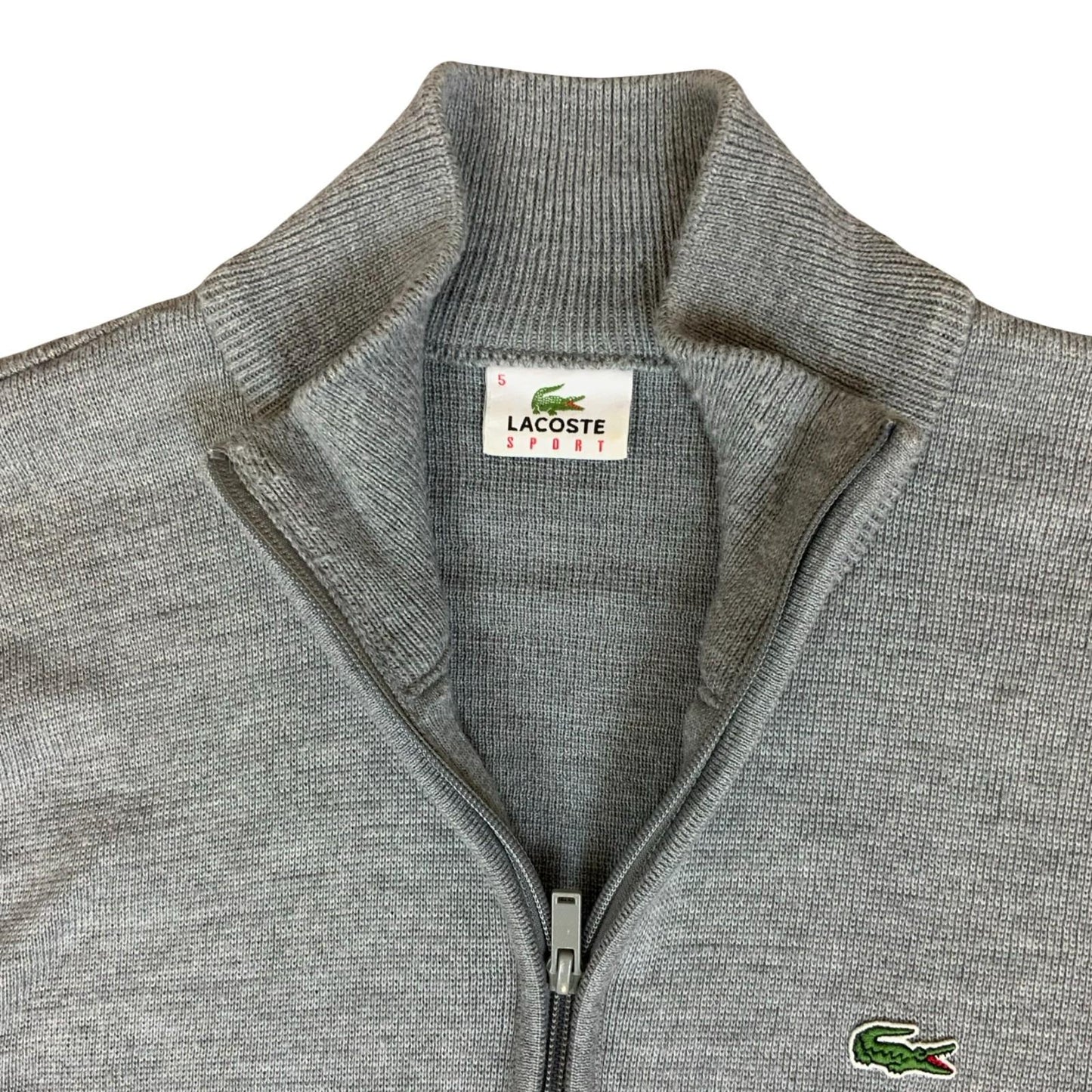 Vtg 90s 'Lacoste Sport' Grey Logo Casual Woolmark Knit Zip-Up Cardigan Sweater M