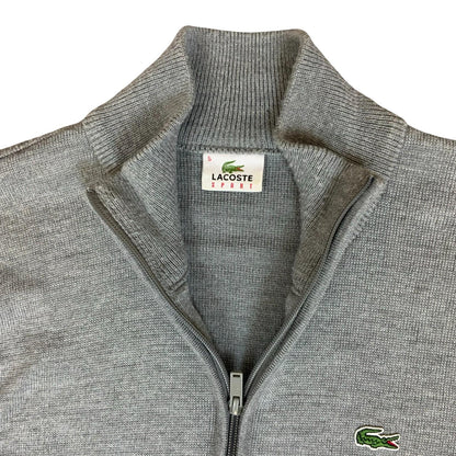 Vtg 90s 'Lacoste Sport' Grey Logo Casual Woolmark Knit Zip-Up Cardigan Sweater M