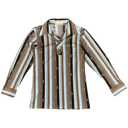 Vtg 70s 'Mr Blason' Brown White Stripe Greyhound Novelty Print Shirt S/M