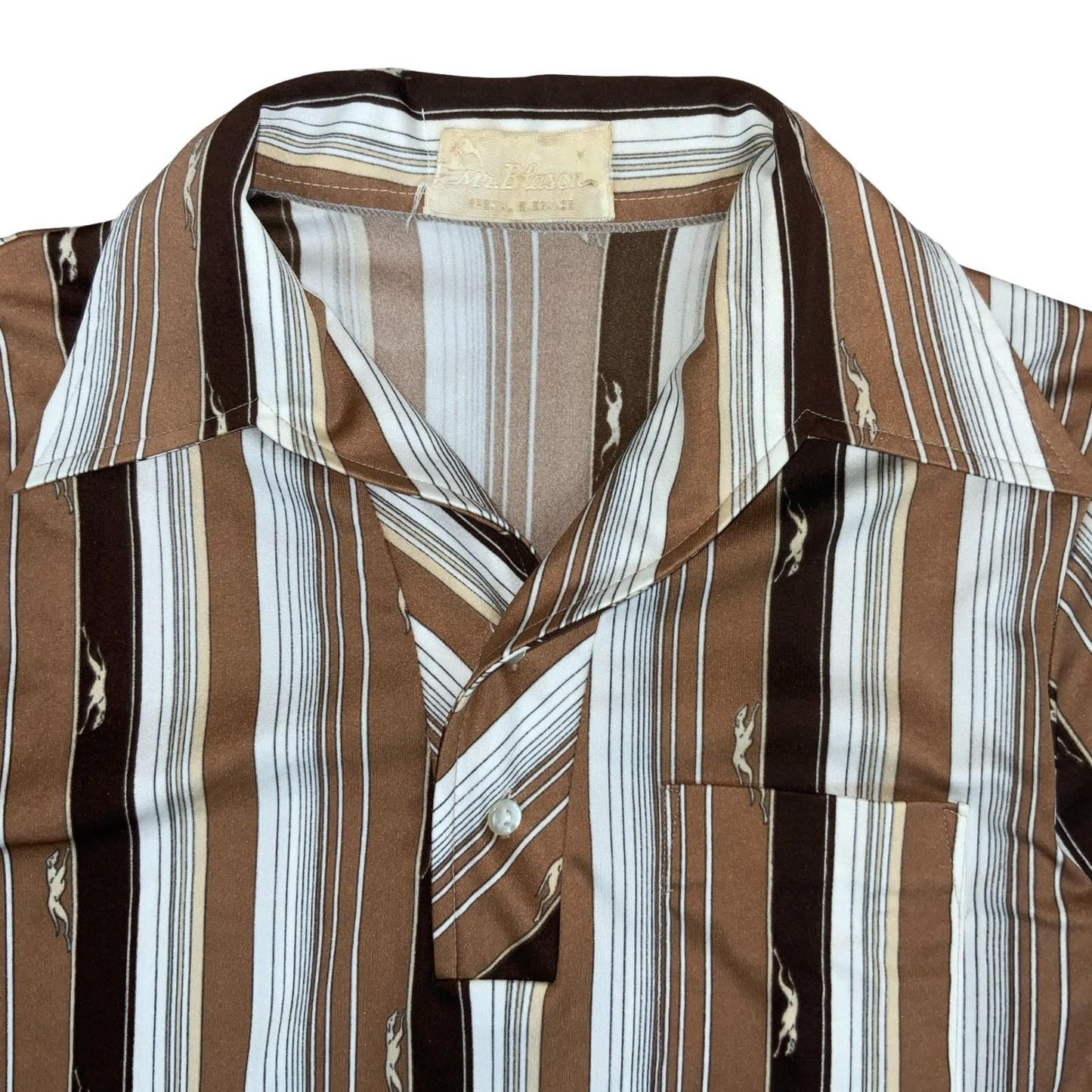 Vtg 70s 'Mr Blason' Brown White Stripe Greyhound Novelty Print Shirt S/M