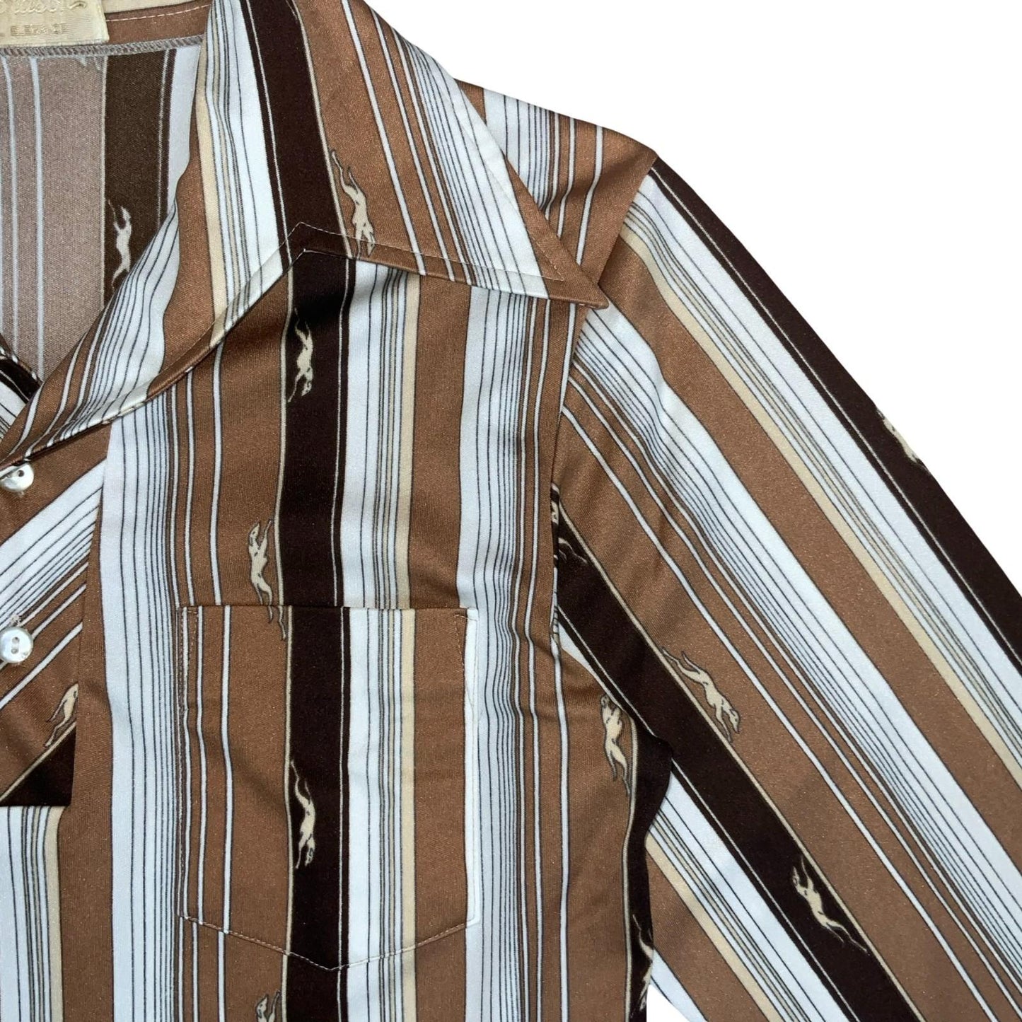 Vtg 70s 'Mr Blason' Brown White Stripe Greyhound Novelty Print Shirt S/M