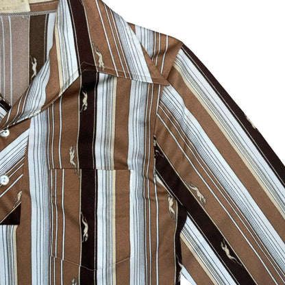 Vtg 70s 'Mr Blason' Brown White Stripe Greyhound Novelty Print Shirt S/M