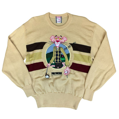 80s RARE Cream Beige Pink Panther Golf Novelty Knit Wool Sweater Jumper M/L