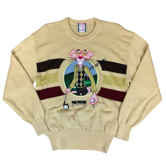 80s RARE Cream Beige Pink Panther Golf Novelty Knit Wool Sweater Jumper M/L