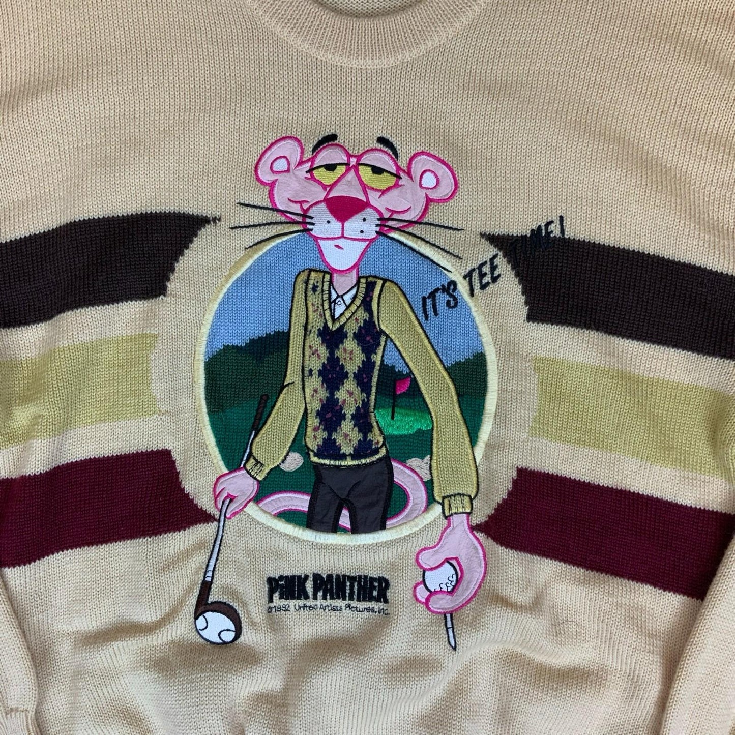 80s RARE Cream Beige Pink Panther Golf Novelty Knit Wool Sweater Jumper M/L