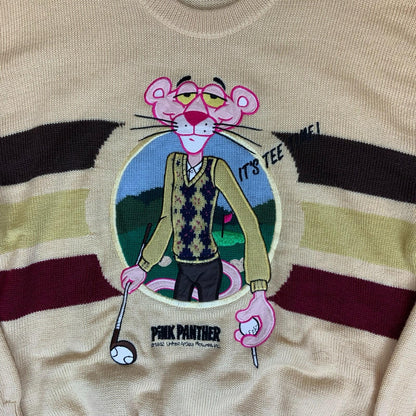 80s RARE Cream Beige Pink Panther Golf Novelty Knit Wool Sweater Jumper M/L