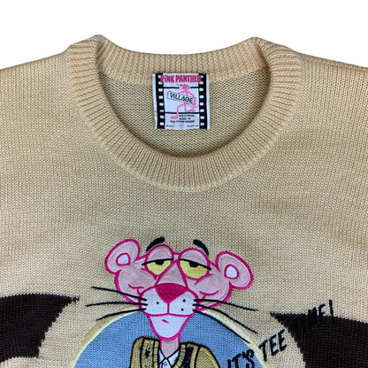 80s RARE Cream Beige Pink Panther Golf Novelty Knit Wool Sweater Jumper M/L