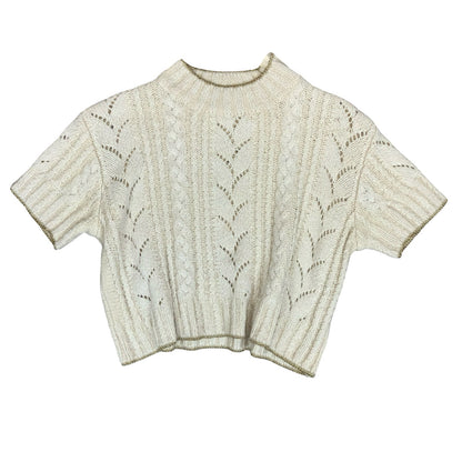 Vtg 80s 'Christian Dior' Cream Gold Cropped Cable Crochet Knit Jumper UK 12