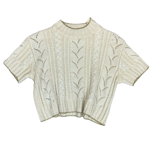 Vtg 80s 'Christian Dior' Cream Gold Cropped Cable Crochet Knit Jumper UK 12