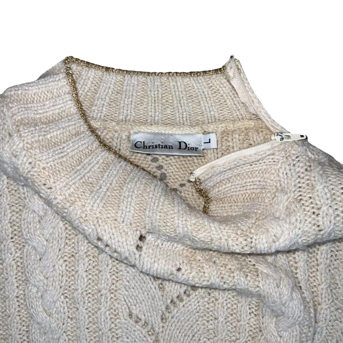 Vtg 80s 'Christian Dior' Cream Gold Cropped Cable Crochet Knit Jumper UK 12