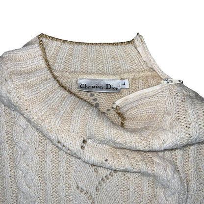 Vtg 80s 'Christian Dior' Cream Gold Cropped Cable Crochet Knit Jumper UK 12