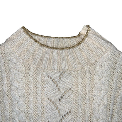 Vtg 80s 'Christian Dior' Cream Gold Cropped Cable Crochet Knit Jumper UK 12