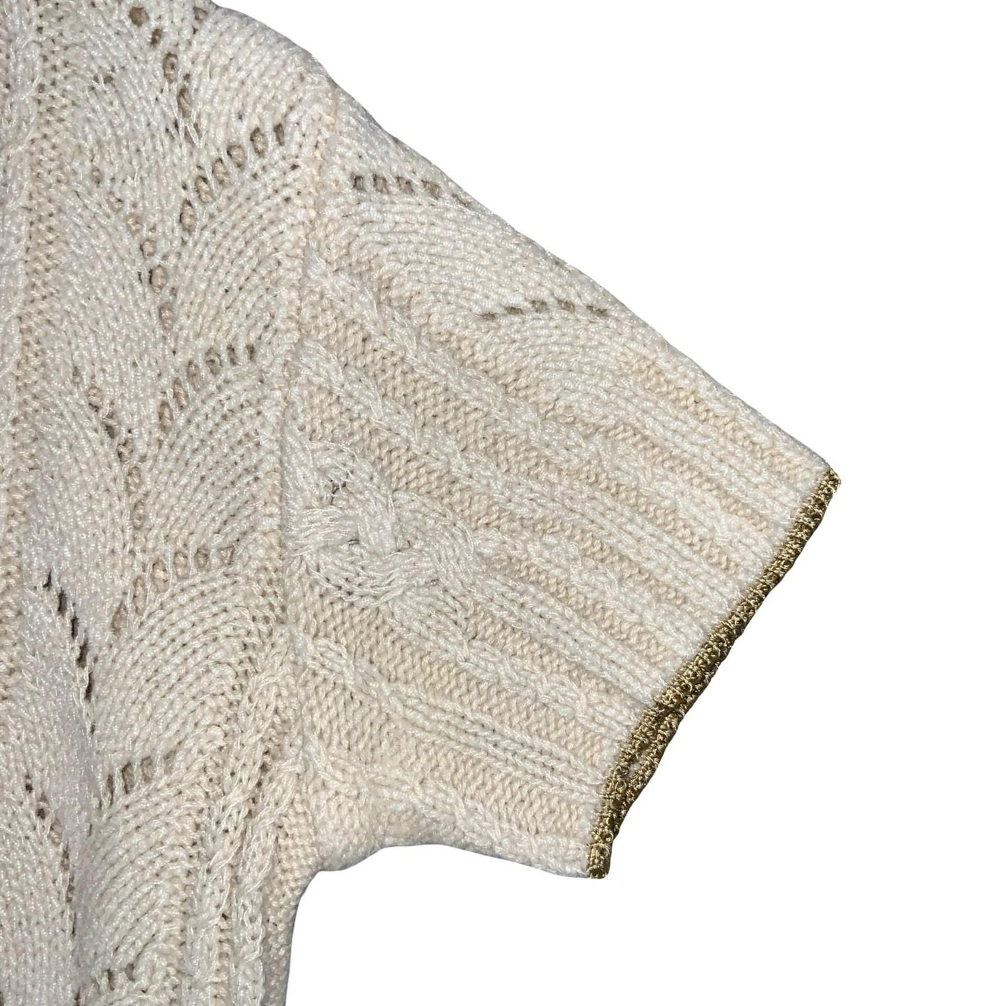 Vtg 80s 'Christian Dior' Cream Gold Cropped Cable Crochet Knit Jumper UK 12