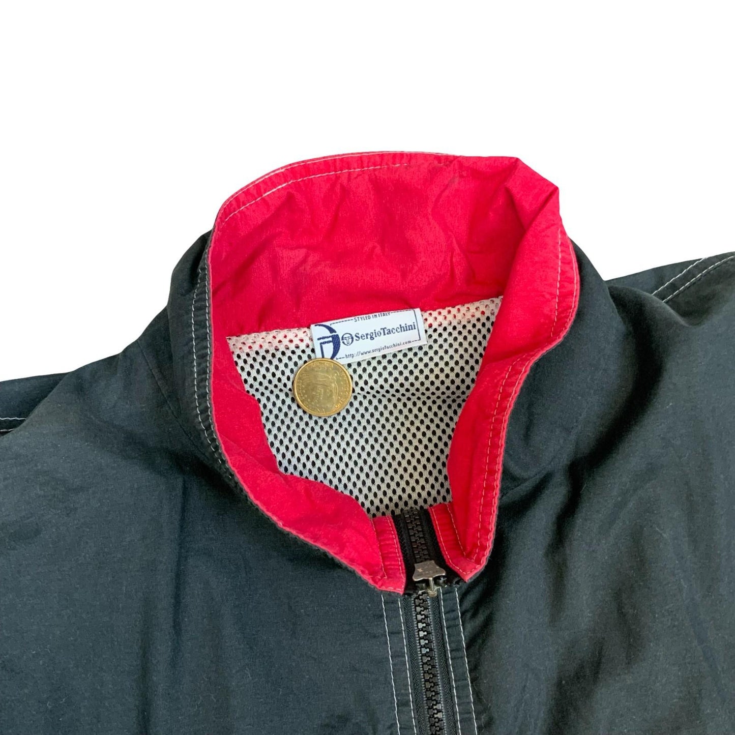 Vtg 90s Black Red White 'Sergio Tacchini' Full-Zip Up Jacket Windbreaker XL/2XL