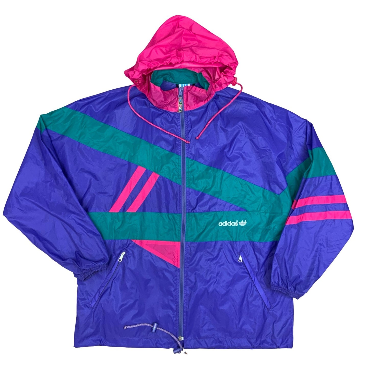 Vintage 90s Adidas Purple Green Pink Colour Block Full-Zip Up Windbreaker XXL