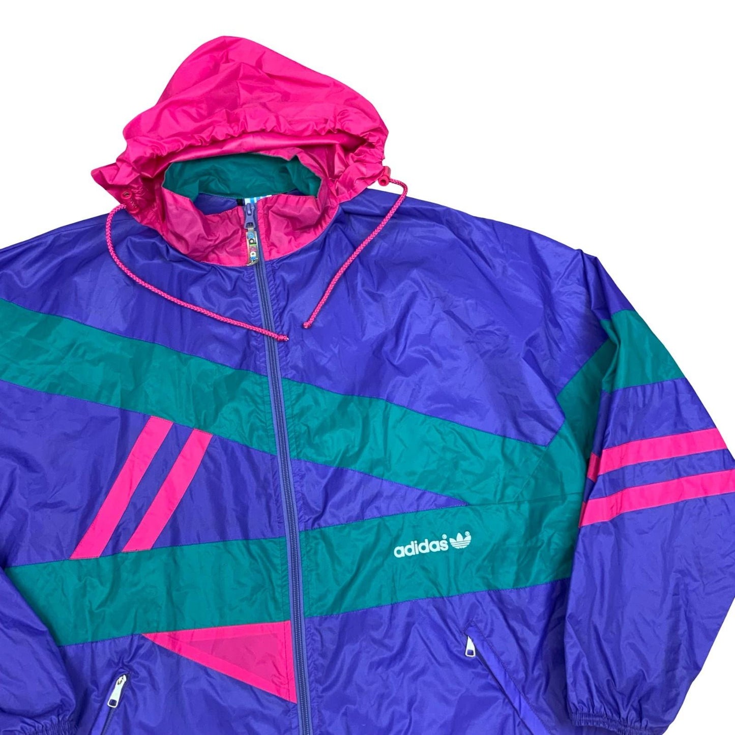 Vintage 90s Adidas Purple Green Pink Colour Block Full-Zip Up Windbreaker XXL