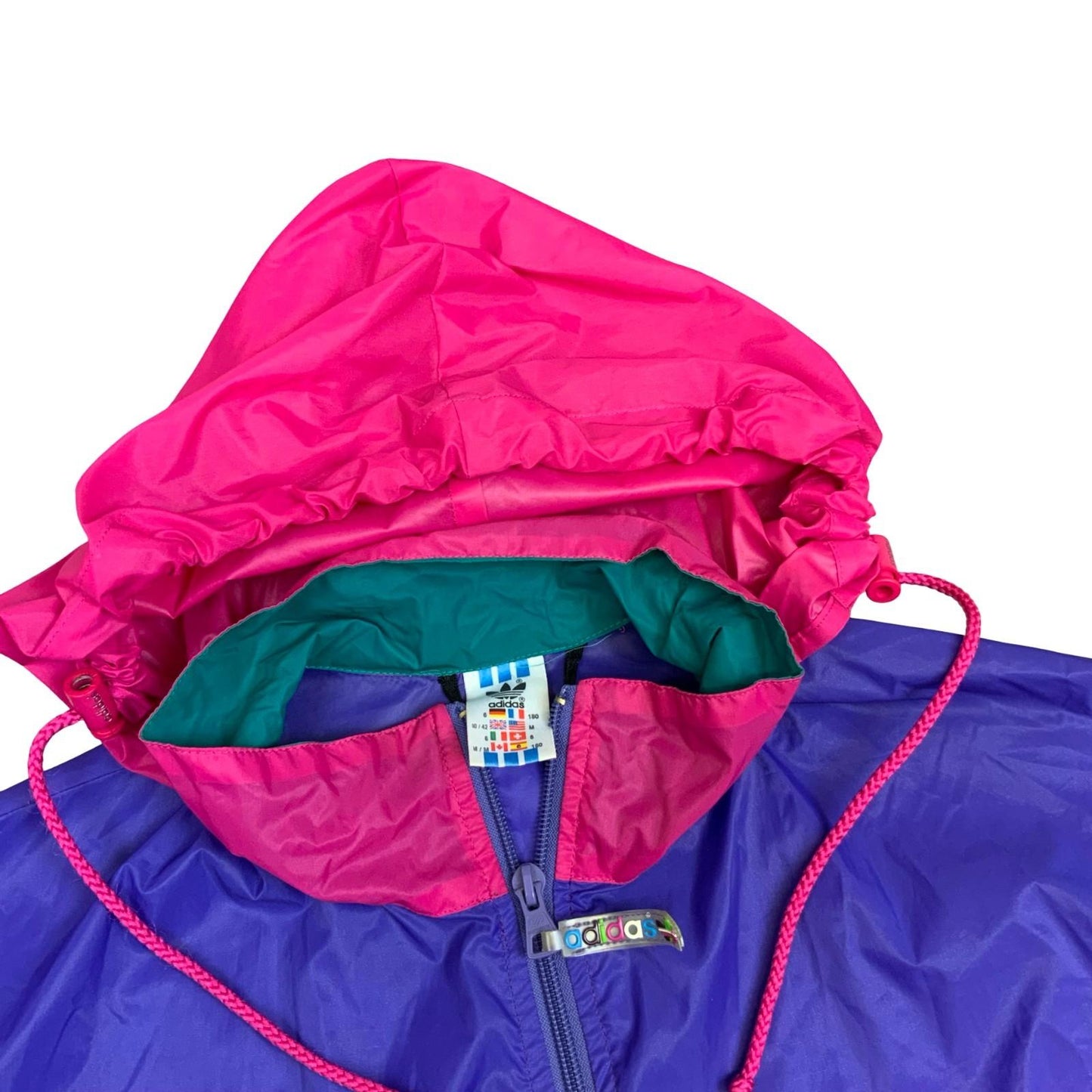 Vintage 90s Adidas Purple Green Pink Colour Block Full-Zip Up Windbreaker XXL