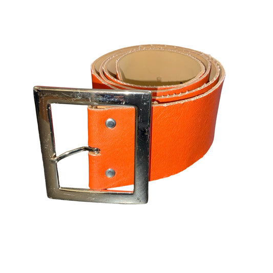 90s Orange Statement Real Leather Square Buckle Statement Belt UK 18 L/XL 40"
